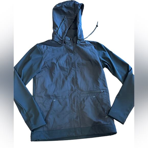 Columbia Snap Front Black Jacket in Womens Small Snap Off Hood Drawstring Waist - Picture 1 of 7